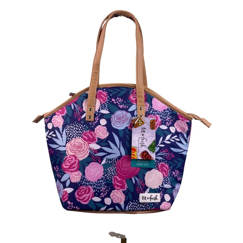 Fit + Fresh Women’s Navy Blue Floral Insulated Lunch Tote With Dual Tan Handles - Picture 10 of 11